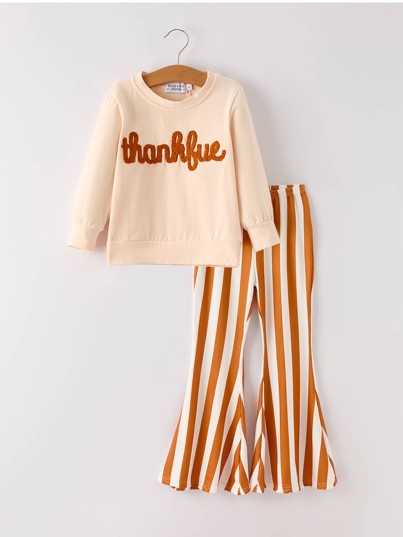 Fall Thanksgiving "thanksful" Chenille Patches Stripe Girls Long Sleeve Set