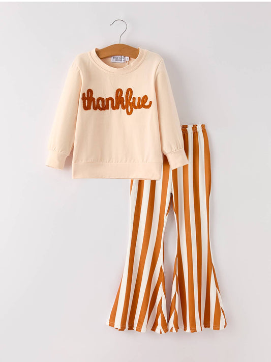Fall Thanksgiving "thanksful" Chenille Patches Stripe Girls Long Sleeve Set