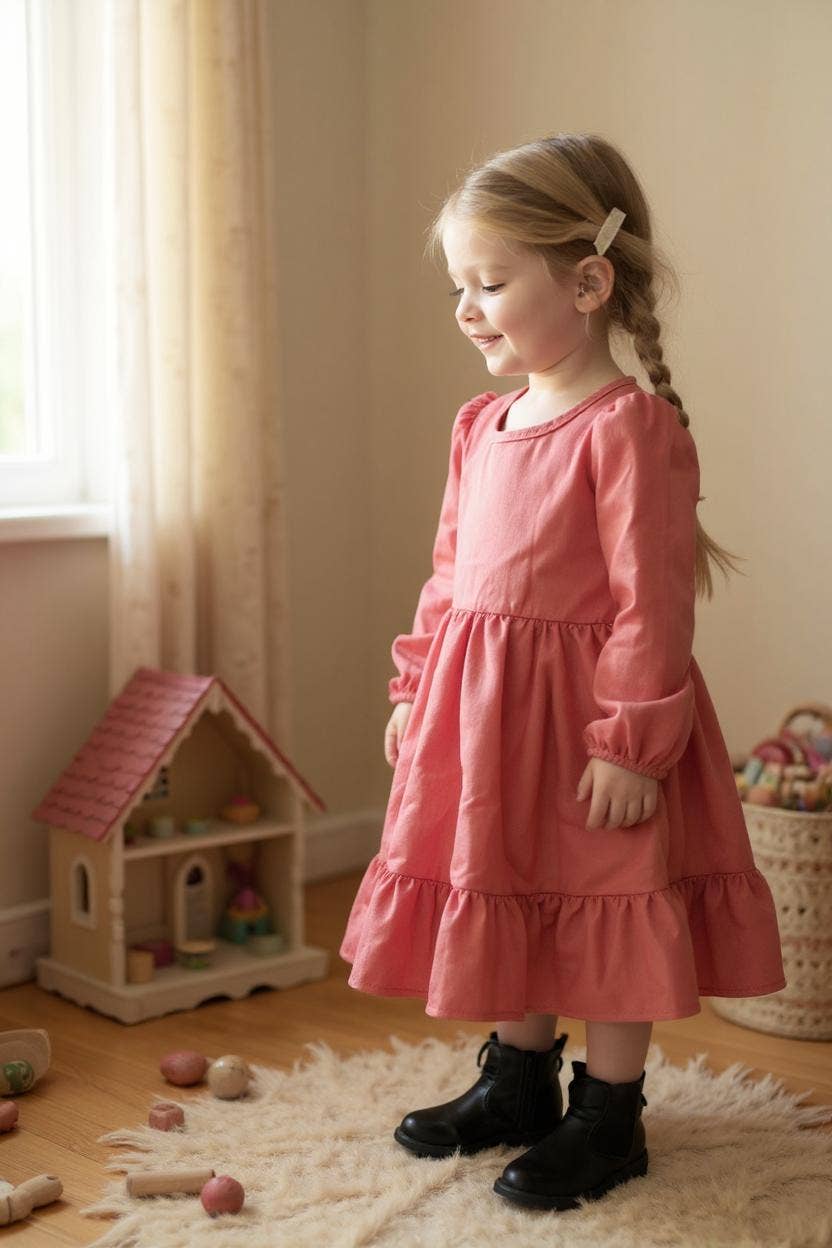 Coral color Long sleeve girls swirl dress w/ruffle DLH2642