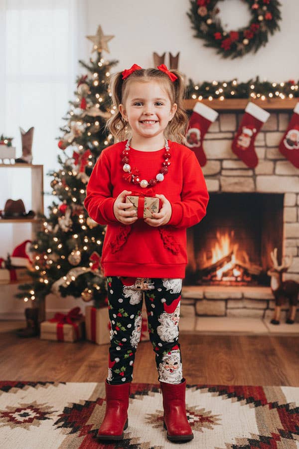 DLH2806 Red pocket top Christmas legging girls sets