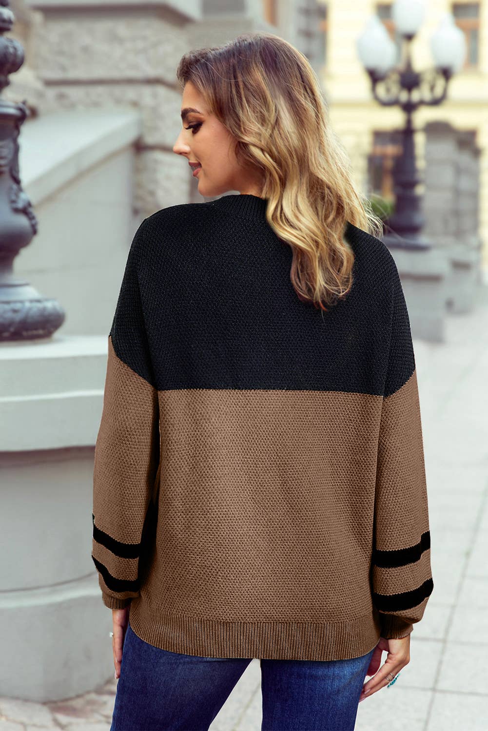 Color Block Knit Striped Sleeve Detail Casual Sweater
