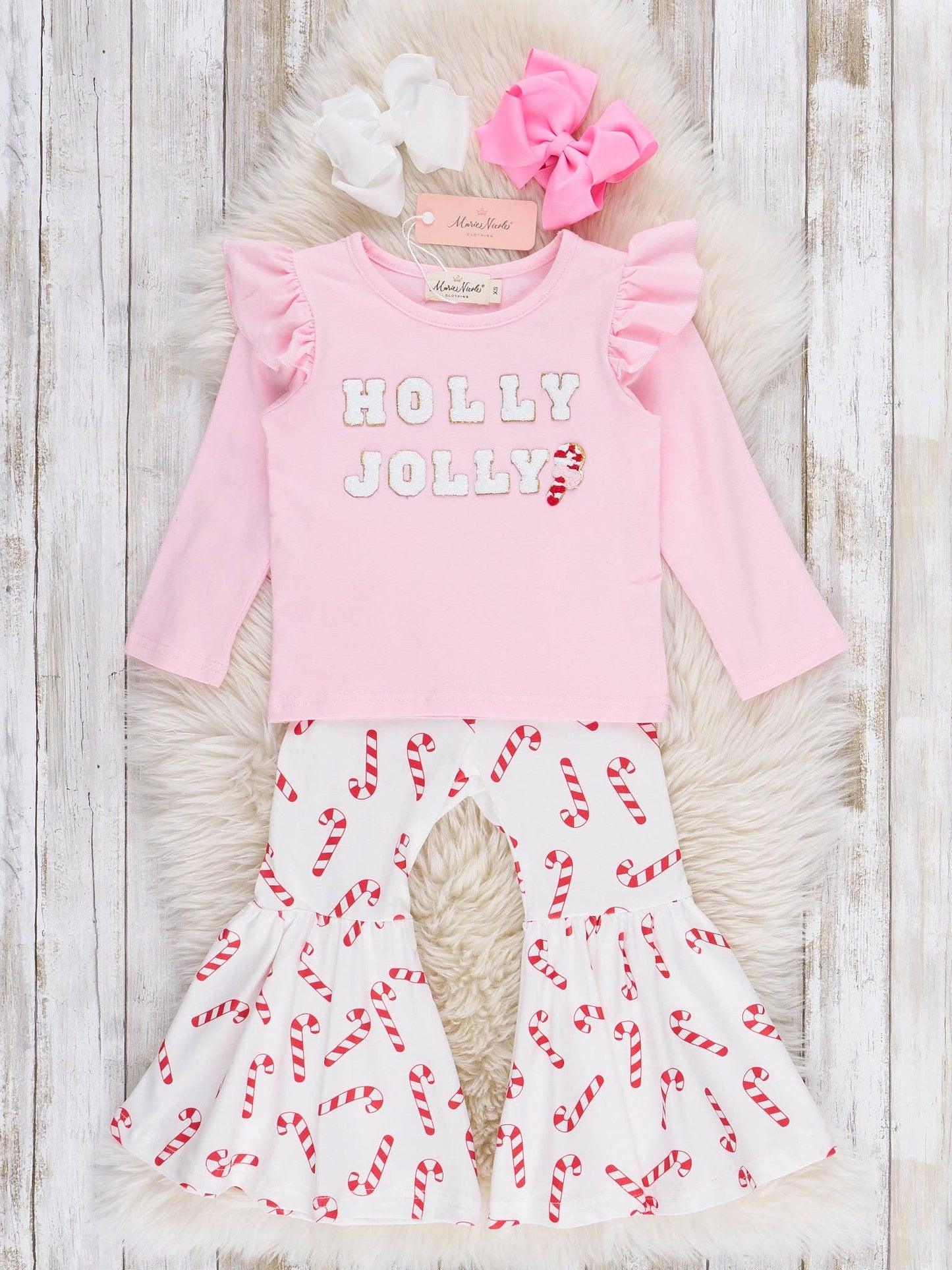 "Holly Jolly" Candy Cane Ruffle Bell Bottom Outfit