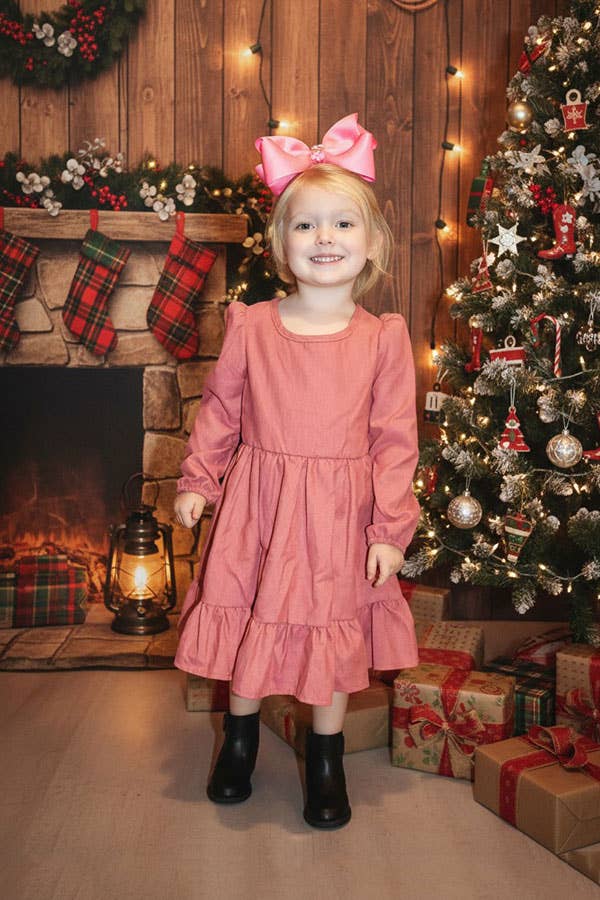 Coral color Long sleeve girls swirl dress w/ruffle DLH2642