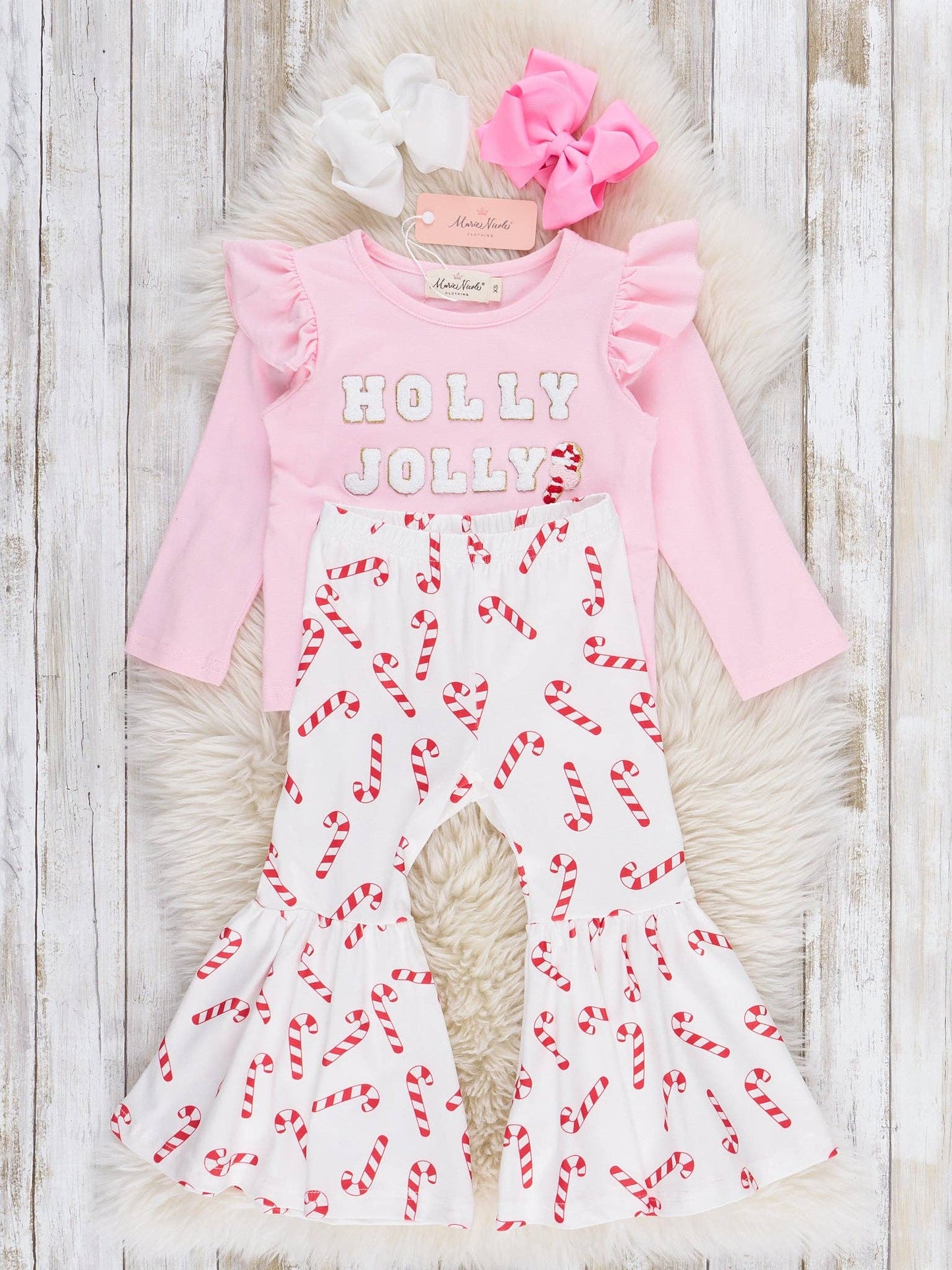 "Holly Jolly" Candy Cane Ruffle Bell Bottom Outfit