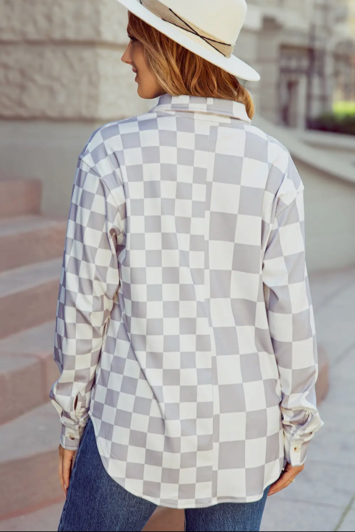 Checkerboard Flap Pocket Button Front Shacket