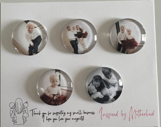 Set of five round photo buttons on a card with text