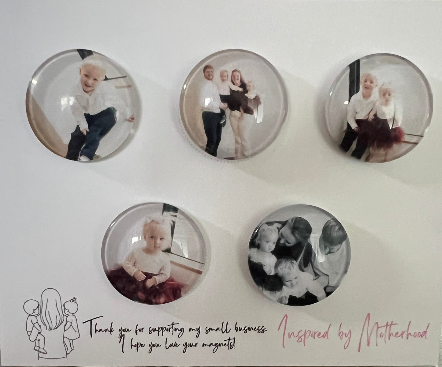Set of five circular photo magnets on a white card with text