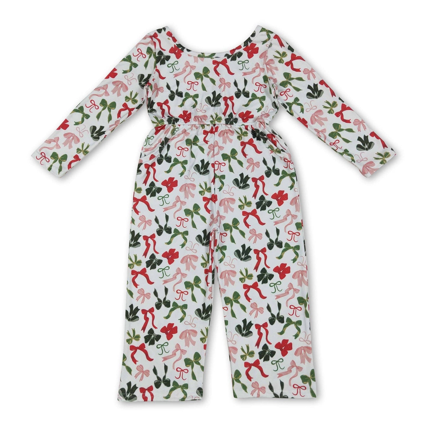 Long sleeves red green bow kids girls Christmas jumpsuit