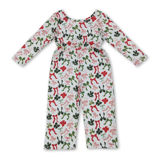 Long sleeves red green bow kids girls Christmas jumpsuit