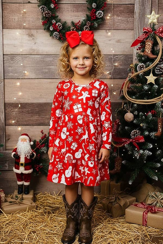 Kids Christmas print long sleeve falre dress XCH0017-1H
