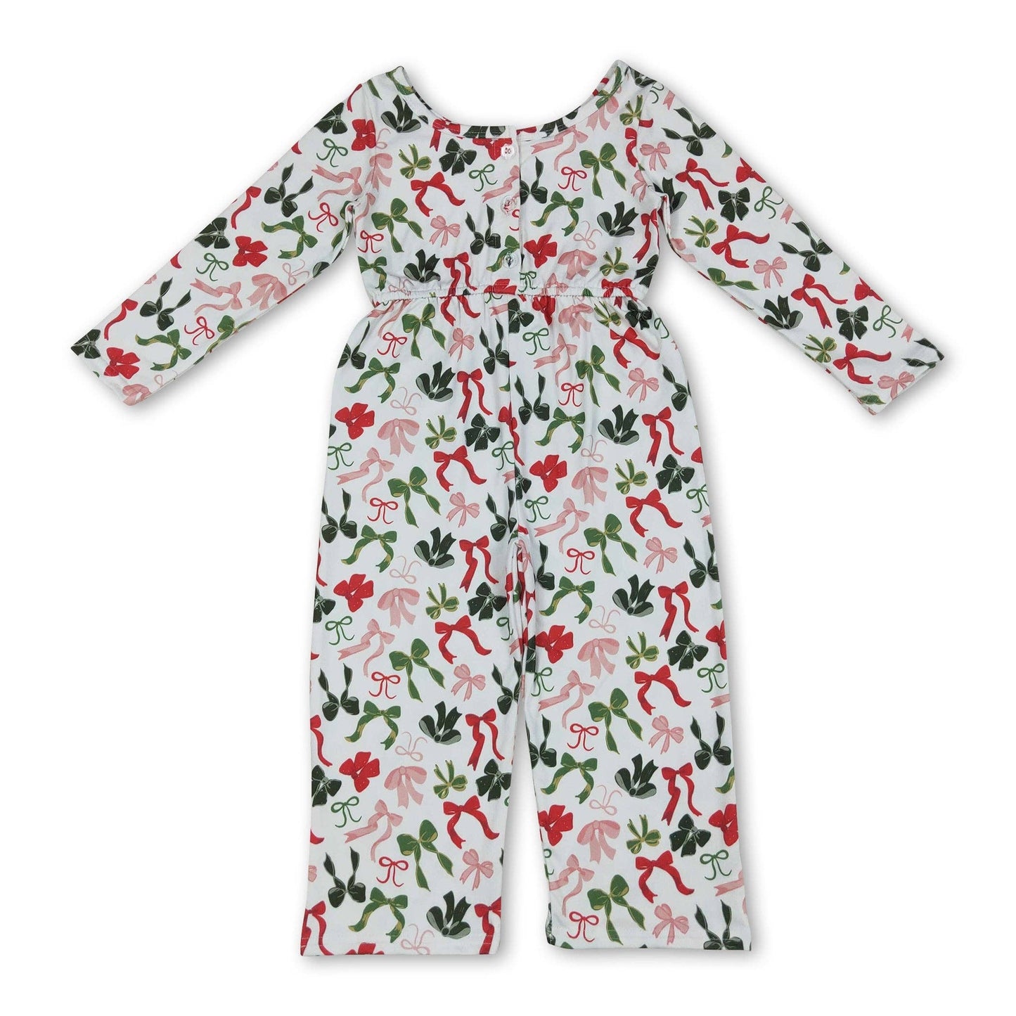 Long sleeves red green bow kids girls Christmas jumpsuit